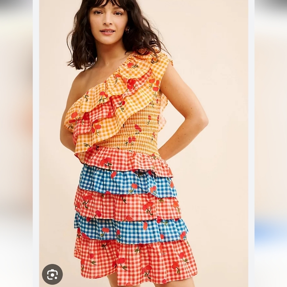 Farm Rio Gingham Cherry Print Ruffle Tiered One Shoulder Dress Size Medium